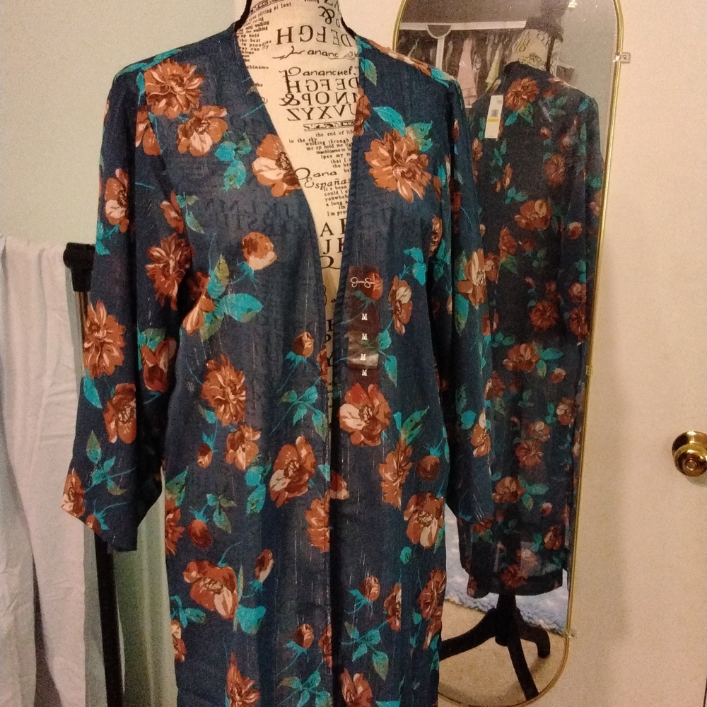 Women's  Jessica Simpson Navy Brown floral  Beau Femme Blakely Beach Cover Med